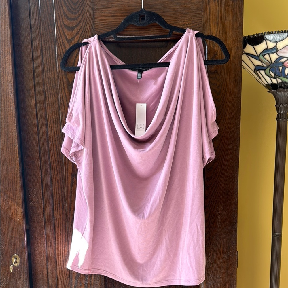 White House Black Market Cold Shoulder Drape Neck Top in Mineral Pink